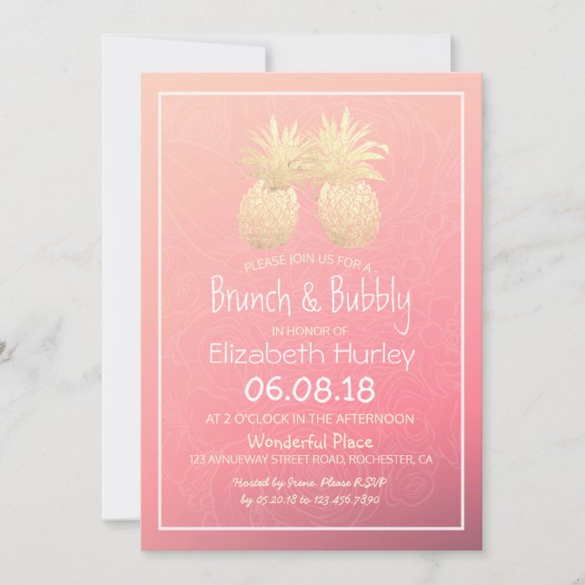 Brautparty Gold Foil Ananas Paare Rosa Rose Einladung (Vorderseite)