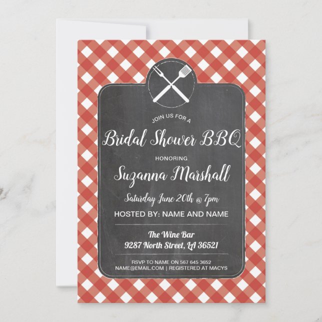 Brautparty GRILLEN Invite Red Gingham Chalk Einladung (Vorderseite)