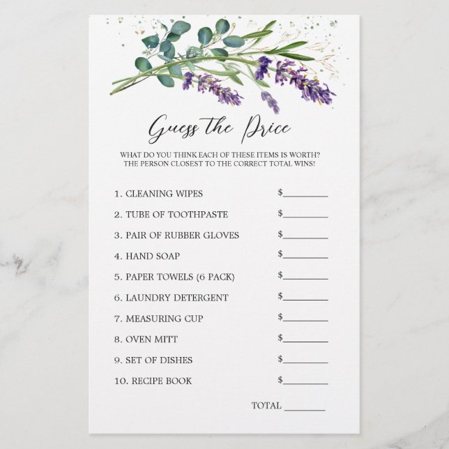 Brautparty Guess Price Game Lavender Eukalyptus Briefpapier (Vorderseite)