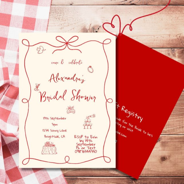 Brautparty Hand Drawn Red Whimsical Einladung (Von Creator hochgeladen)