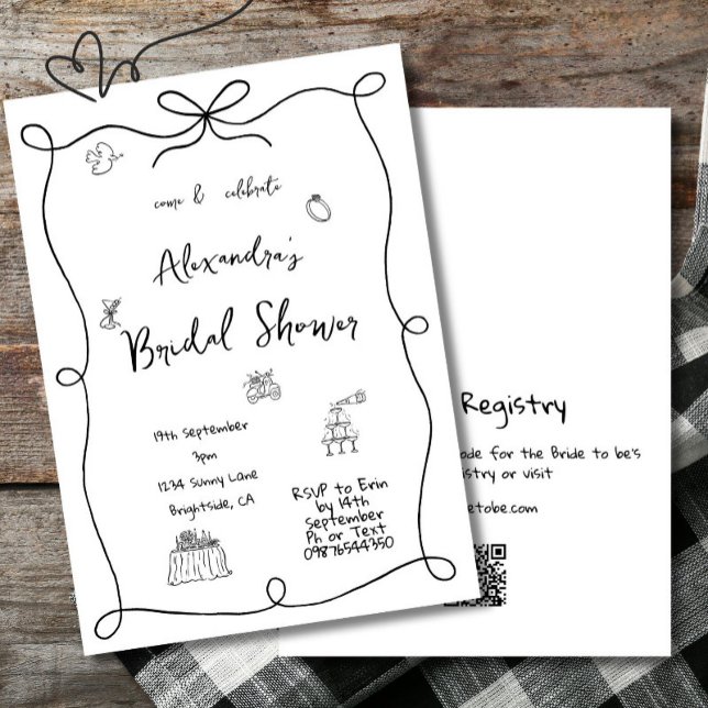 Brautparty Hand gezogen einfache schwarze Whimsika Einladung (Von Creator hochgeladen)