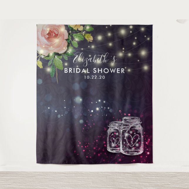 Brautparty Hintergrund Floral Mason Jar Lights Wandteppich (Vorderseite)