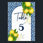 Brautparty Hochzeit blau und Fliesen Zitrone Amalf Tischnummer<br><div class="desc">Brautparty blauen Fliesen Zitrone Amalfi Positano mediterranes Brautparty Party Hochzeit Tischnummern.</div>