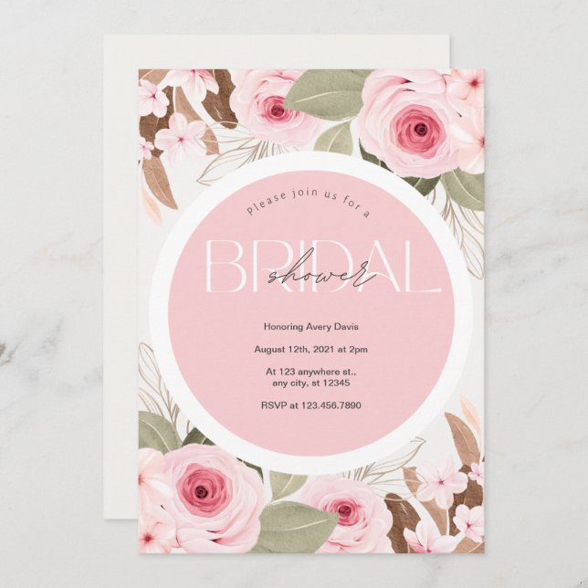 Brautparty Hochzeit Rosa Blütenblume Einladung (Vorne/Hinten)