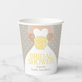 Brautparty Hochzeit weißes Kleid gelb Rosen Pappbecher