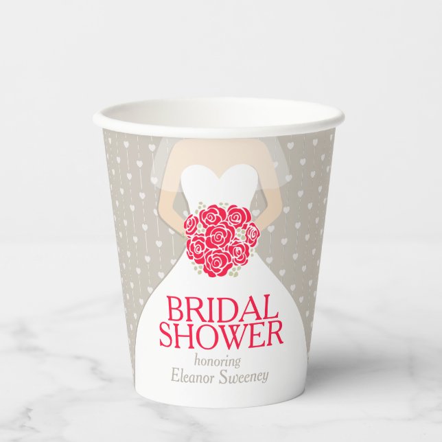 Brautparty Hochzeitskleid rote Rosen Papier Becher (Vorderseite)