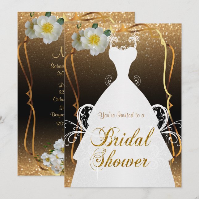 Brautparty im GoldGlitzer und in den weißen Blumen Einladung (Vorne/Hinten)