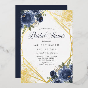 Brautparty in Marineblau mit floralem Gold geometr Folieneinladung