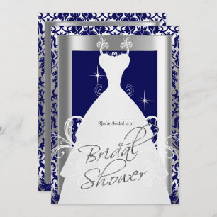 Brautparty in Navy Blue Damask und Silver Einladung