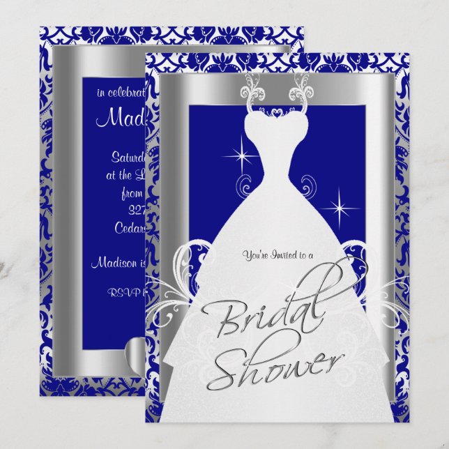 Brautparty in Royal Blue Damask und Silver Einladung (Vorne/Hinten)