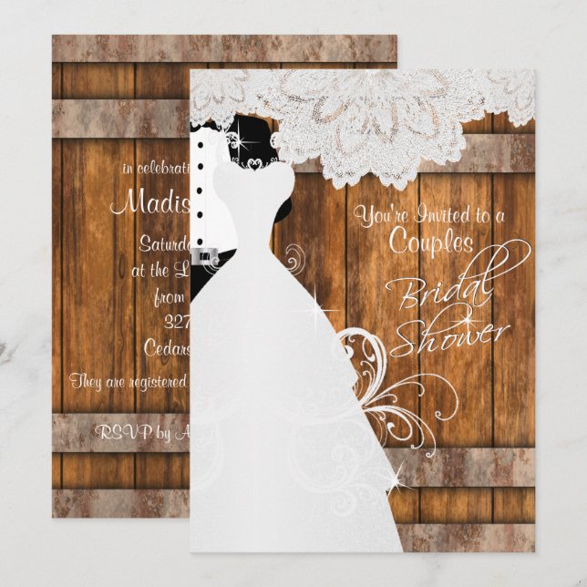 Brautparty in rustikalem Holz und Spitzen Einladung (Vorne/Hinten)