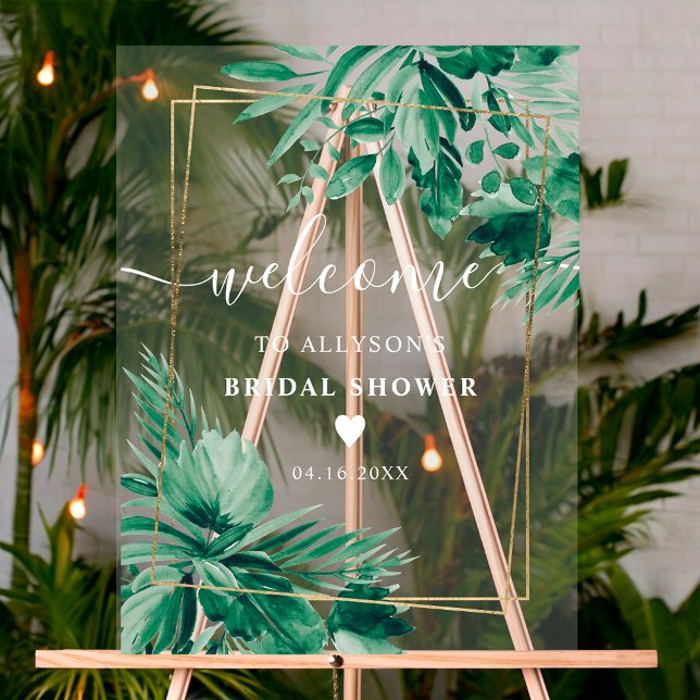 Brautparty in tropischer Vegetation Acrylschild (Tropical greenery watercolor bridal shower welcome acrylic sign)