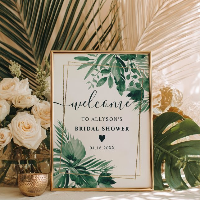 Brautparty in tropischer Vegetation Poster (Tropical greenery watercolor bridal shower welcome poster)