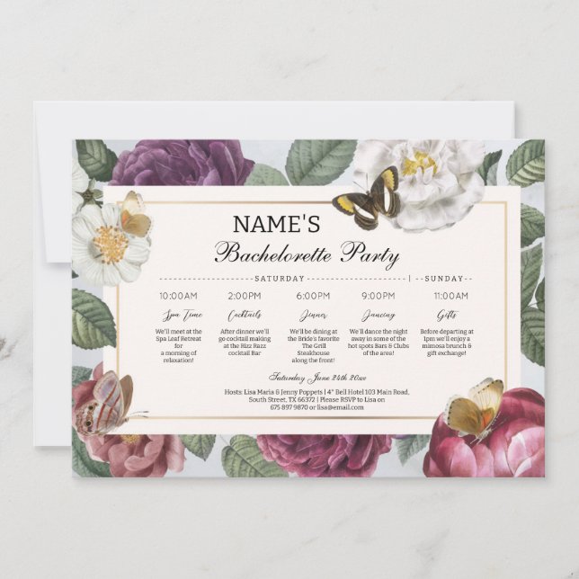 Brautparty Itinerary Bloom Floral Butterfly Einladung (Vorderseite)