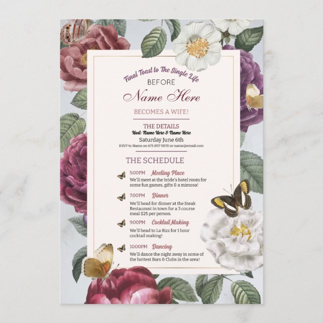 Brautparty Itinerary Bloom Floral Butterfly Programm (Vorderseite)