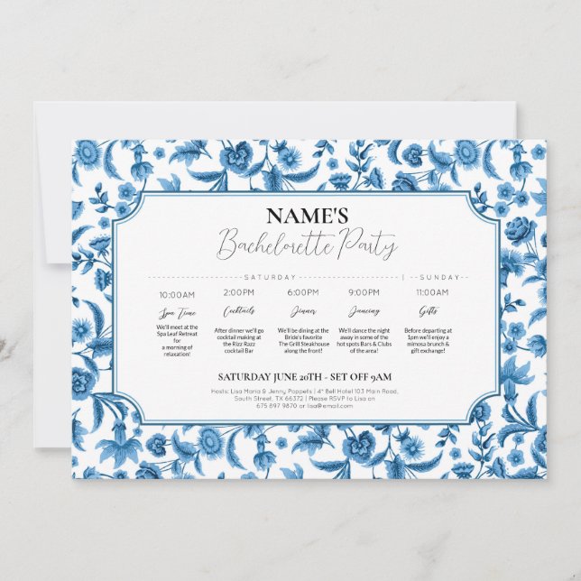 Brautparty Itinerary Chintz Blue & White Floral Einladung (Vorderseite)