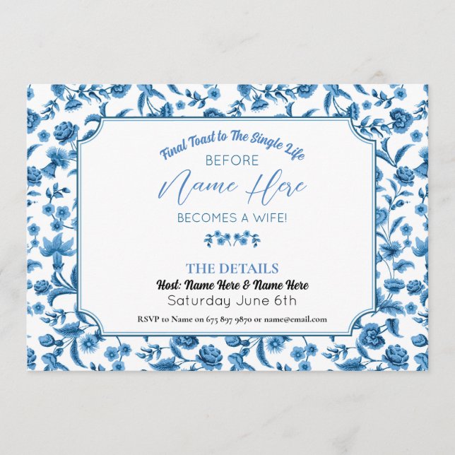 Brautparty Itinerary Chintz Blue & White Floral Programm (Vorderseite)