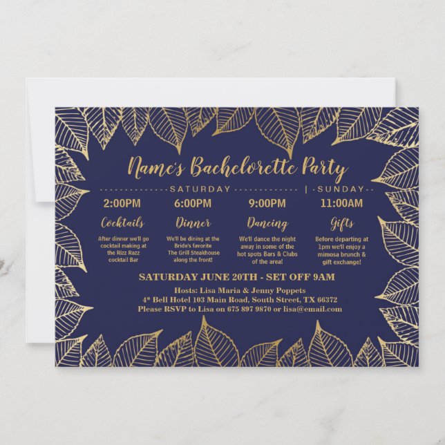 Brautparty Itinerary Navy Gold Blätter Elegant Einladung (Vorderseite)
