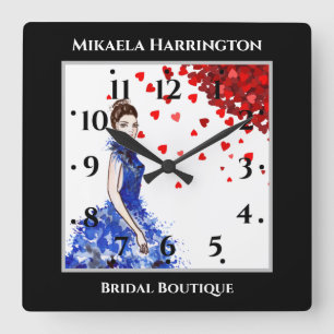 Brautparty Lady mit Funkelnd blauen Herzen Quadratische Wanduhr