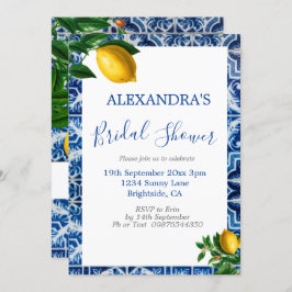 Brautparty Lemons Blue White Tuscan Tile Einladung