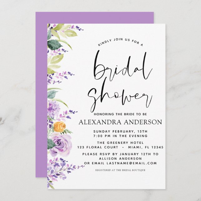 Brautparty Lila Blumengärten Einladung (Vorne/Hinten)
