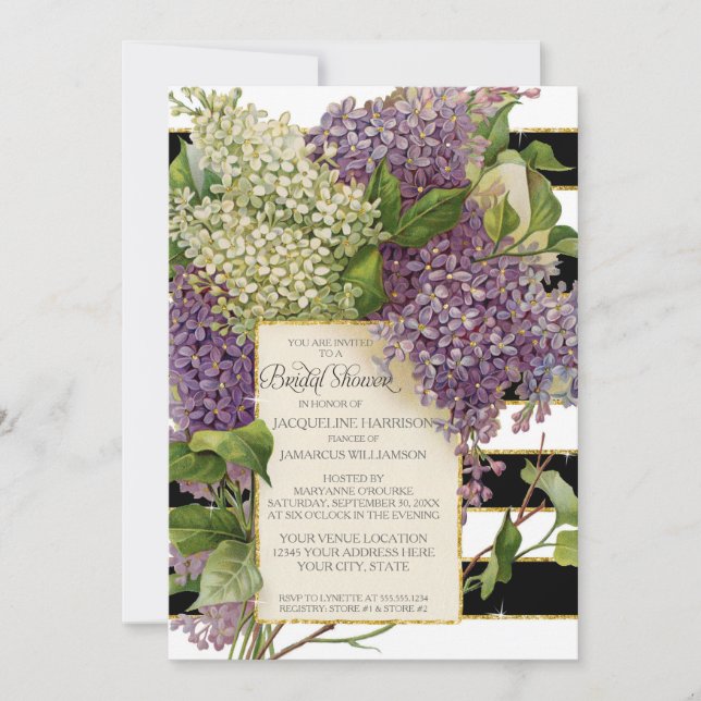 Brautparty Lilac Floral Vintage Streifen Einladung (Vorderseite)