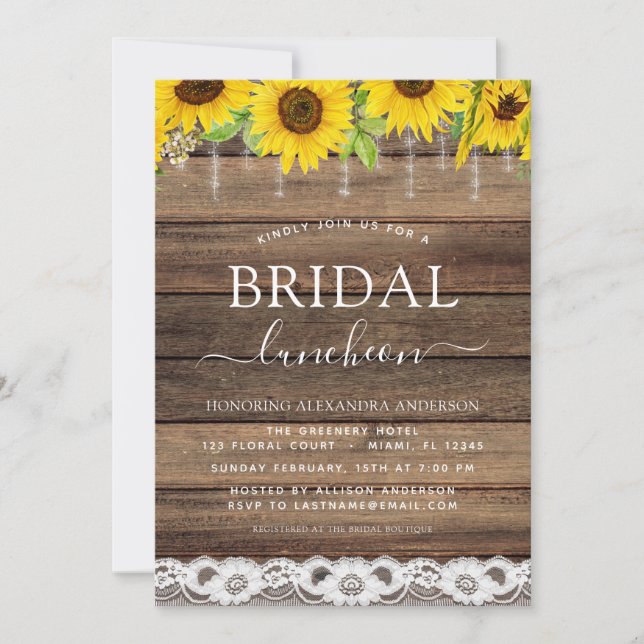 Brautparty Luncheon Sonnenblume Rustikales Bauernh Einladung (Vorderseite)