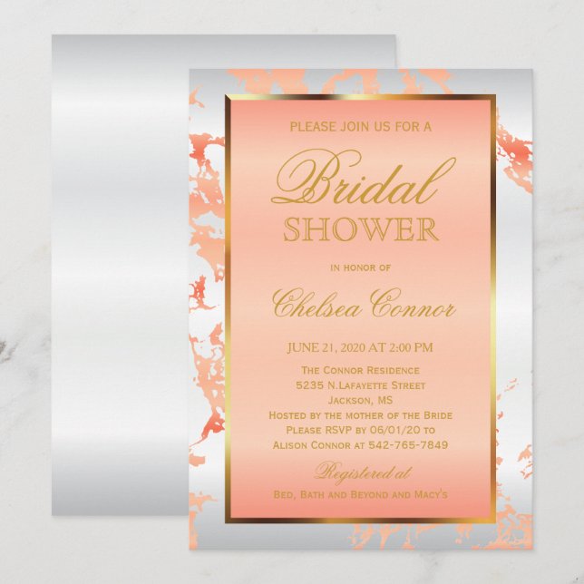 Brautparty - Marmor, Weiß und Gold Einladung (Vorne/Hinten)