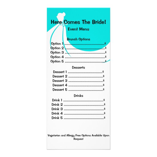 Brautparty Menu Rackcard Werbekarte (Vorne)