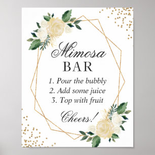 Brautparty Mimosa Bar White Green Gold Floral Poster