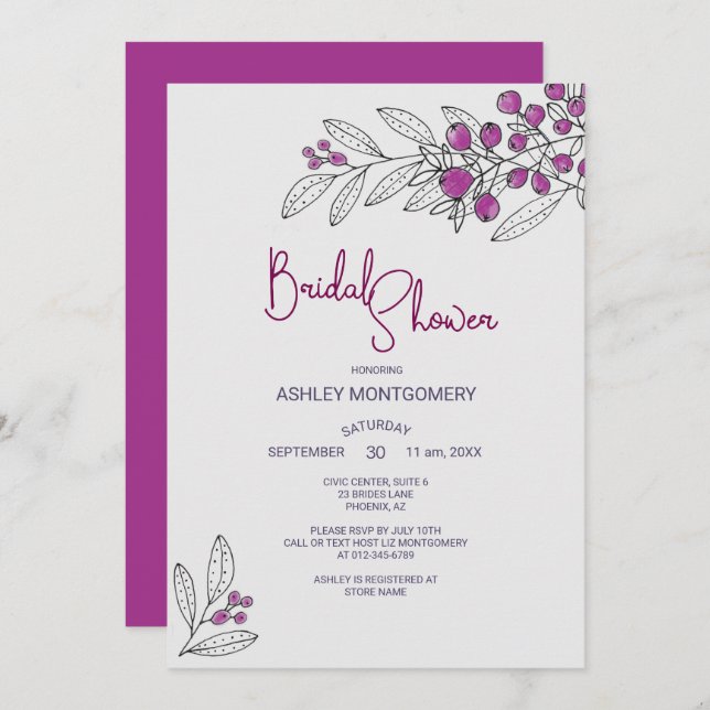 Brautparty Minimalistische Lila Blätter Berries Einladung (Vorne/Hinten)
