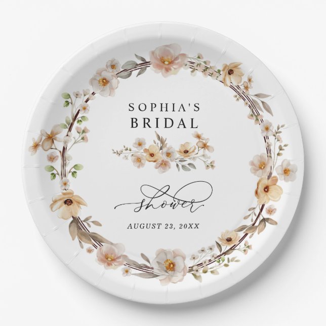 Brautparty mit beigen Wildblumen Pappteller (Vorderseite)