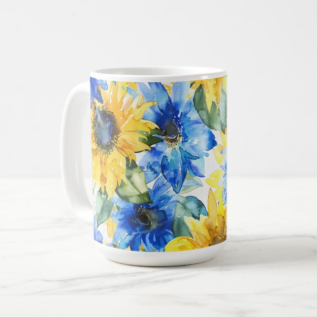 Brautparty mit blauen gelben Blumen Kaffeetasse (Vorderseite Links)