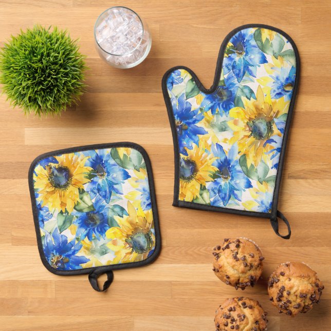 Brautparty mit blauen gelben Blumen Ofenhandschuh & Topflappen-Set (Oben Unten)