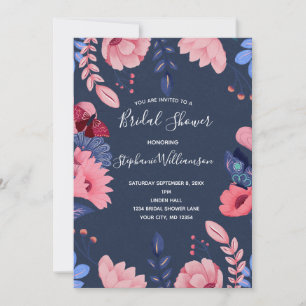 Brautparty mit blauen rosa Blumen und weißen Buchs Einladung