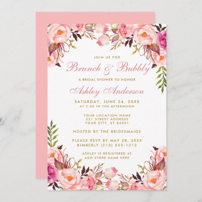 Brautparty mit Blumenmotiven Einladung (Vorne/Hinten)