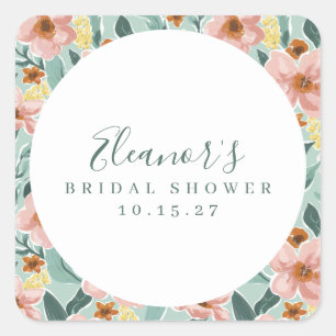 Brautparty mit Minz-Sage-Rosa Blumenskript Custom Quadratischer Aufkleber