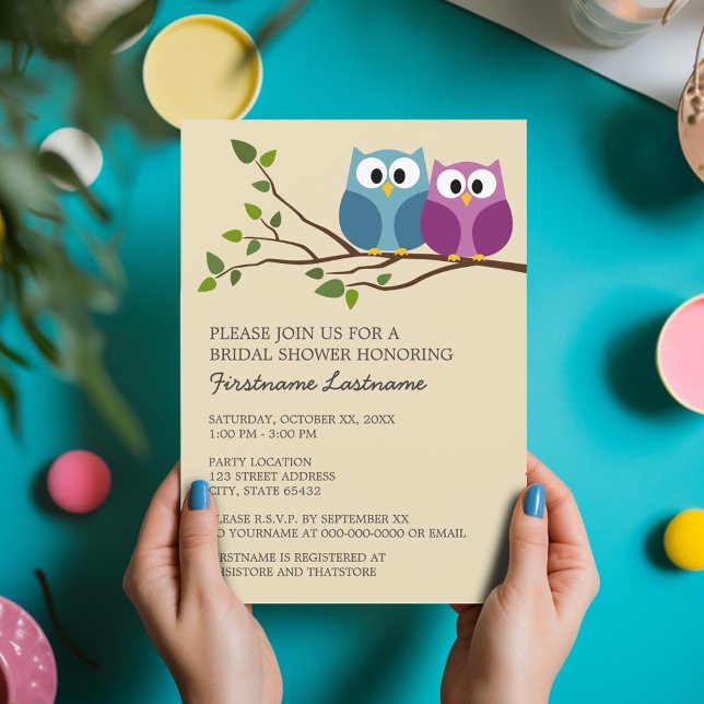 Brautparty mit Owl Couple auf Zweig Einladung (Bridal Shower Invitation - Cute Cartoon Owls on a Branch - Great Couple's Shower Invite)