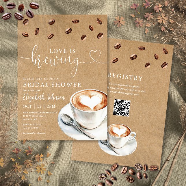 Brautparty mit QR-Code für Love Is Brewing Coffee Einladung (Love Is Brewing Coffee QR Code Bridal Shower Invitation)