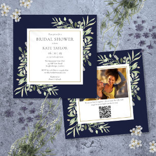 Brautparty mit QR-Code für Navy Blue Greenery Foto Einladung