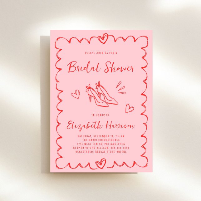 Brautparty mit weißem, rosa Rahmen Einladung (Whimsical pink + red bridal shower invitation to set the tone for an unforgettable event)