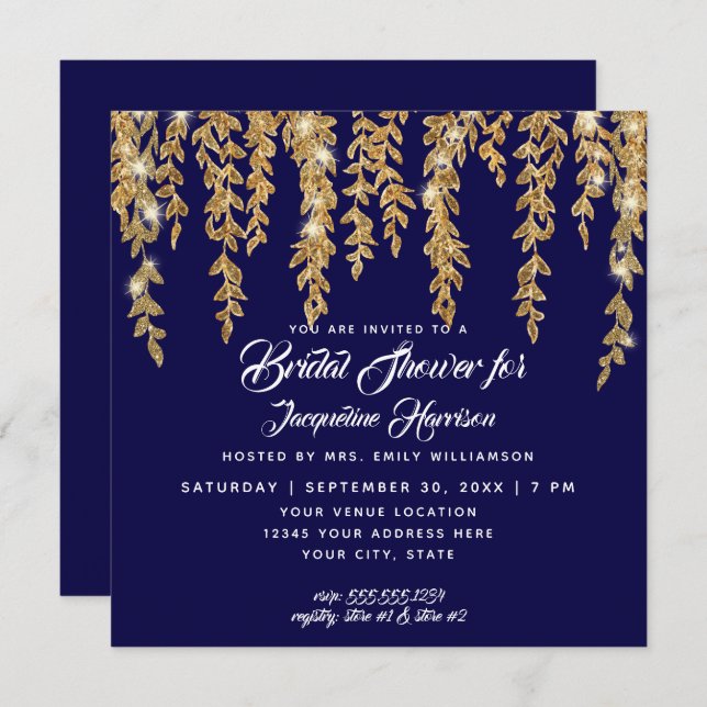 Brautparty Modern Navy Gold Twinkle Lights Einladung (Vorne/Hinten)