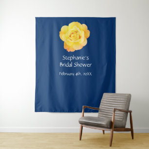 Brautparty Monogram Name Yellow Rose Navy Blue Wandteppich