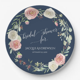 Brautparty Navy Blush Elfenbeinküste Rose Wreath Pappteller