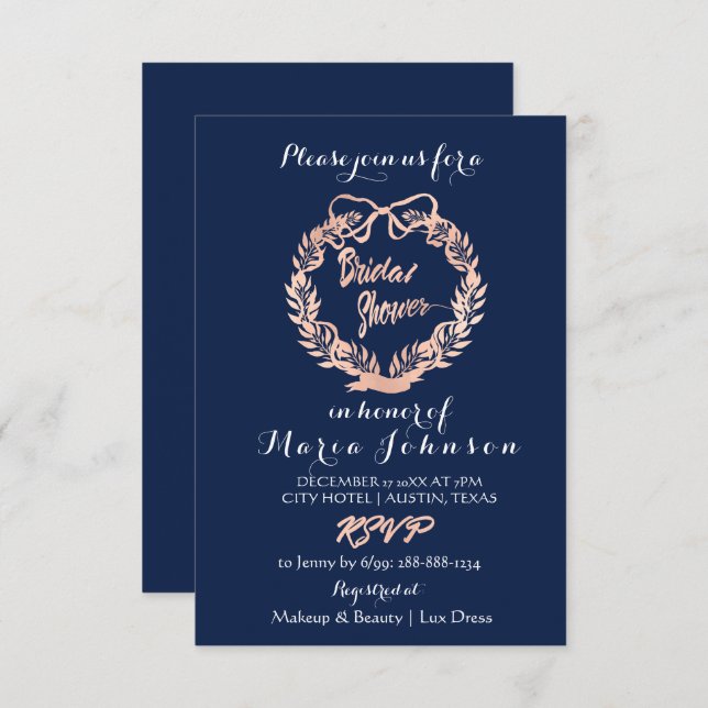 Brautparty Olebt Blumenkranz Rose Gold Einladung (Vorne/Hinten)