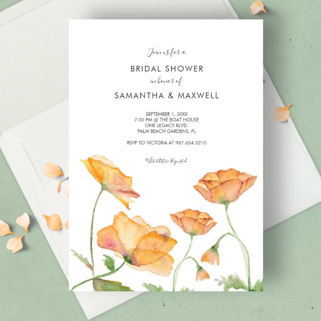 Brautparty Orange Floral Aquarell Einladung (Bridal shower invitations watercolor orange poppy flowers by Victoria Grigaliunas Do Tell A Belle)