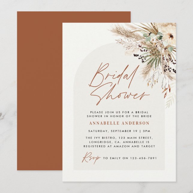 Brautparty Pampas Gras Moderne boho elegant Einladung (Vorne/Hinten)