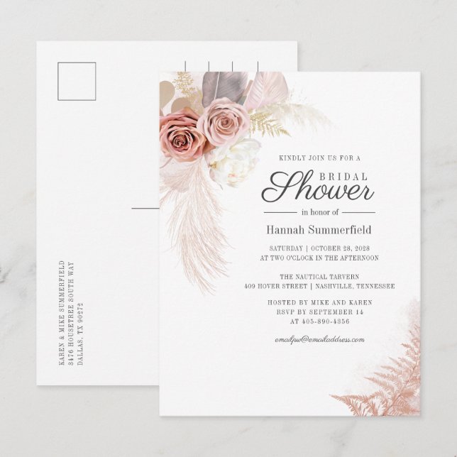 Brautparty Pampas Grass Tan Script Einladungspostkarte (Vorne/Hinten)