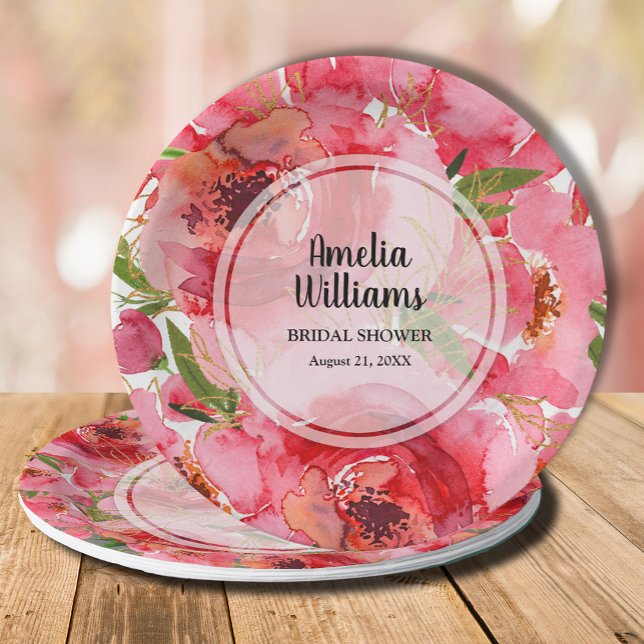 Brautparty Pappteller (Personalized watercolor pink floral bridal shower paper plates)