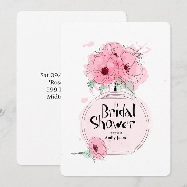 Brautparty Parfüm Flasche mit Blume Einladung (Vorne/Hinten)